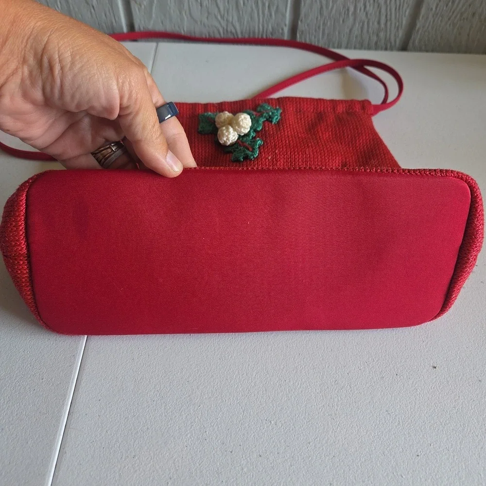 The Sak Knit Embroidery Holiday Shoulder Bag Holly Berries Magnetic Snap Close